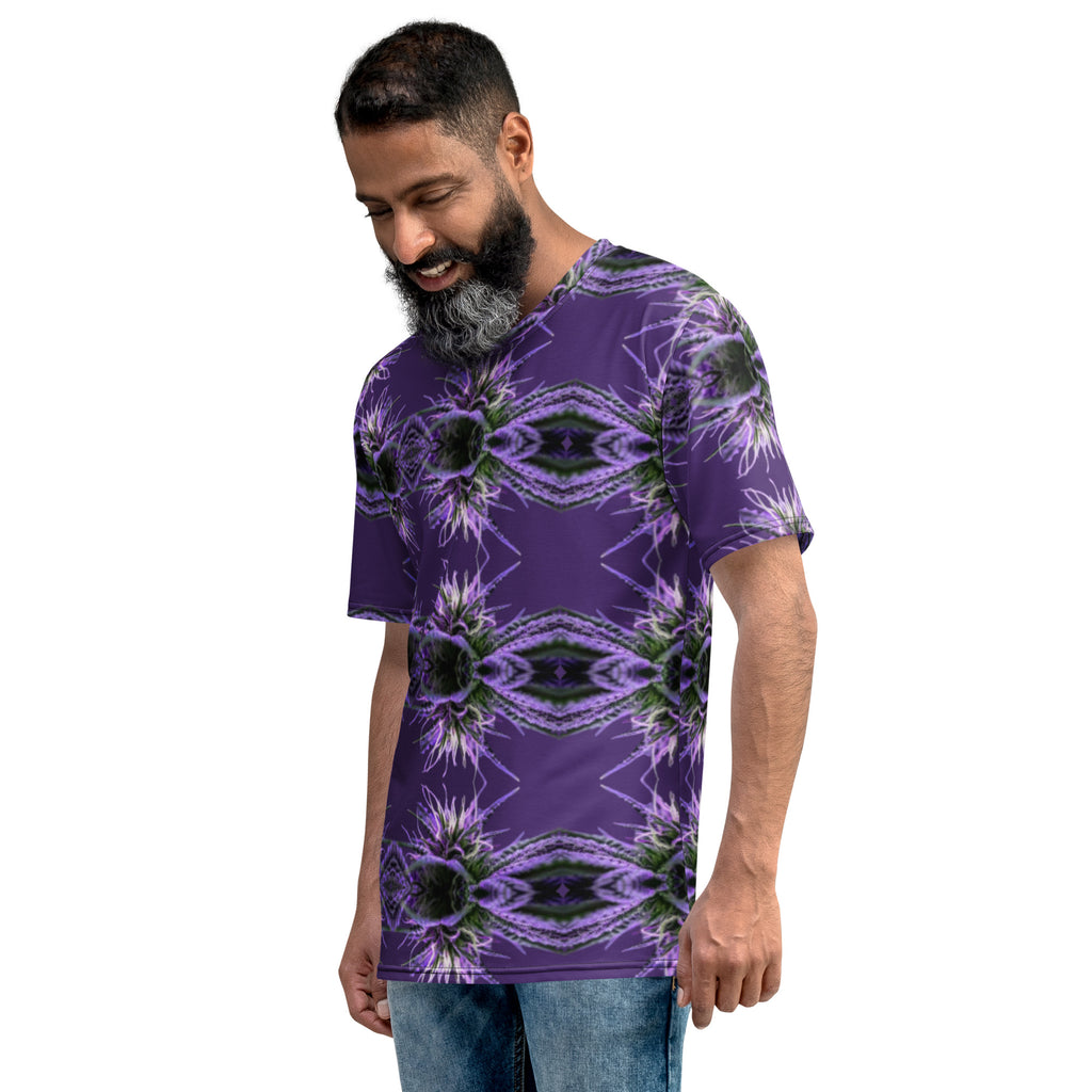Purple-bud Mens-Tee by BudWear, all-over-print crew neck T-shirt featuring purple-bud design on a white background.