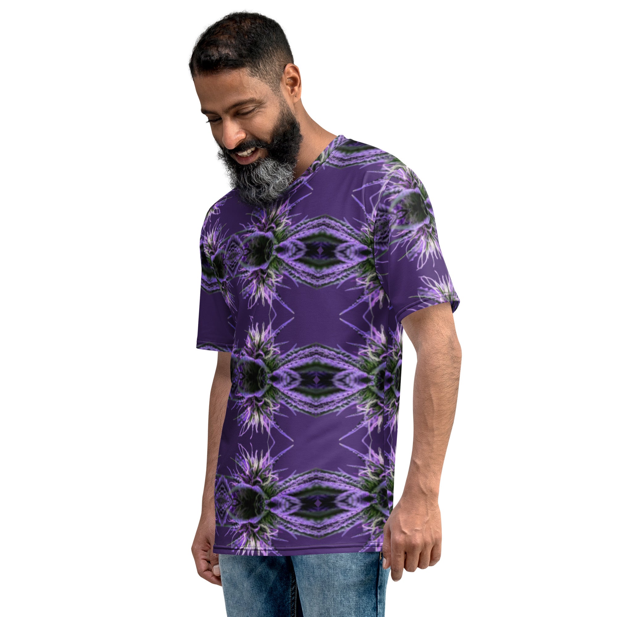 Purple-bud Mens-Tee by BudWear, all-over-print crew neck T-shirt featuring purple-bud design on a white background.