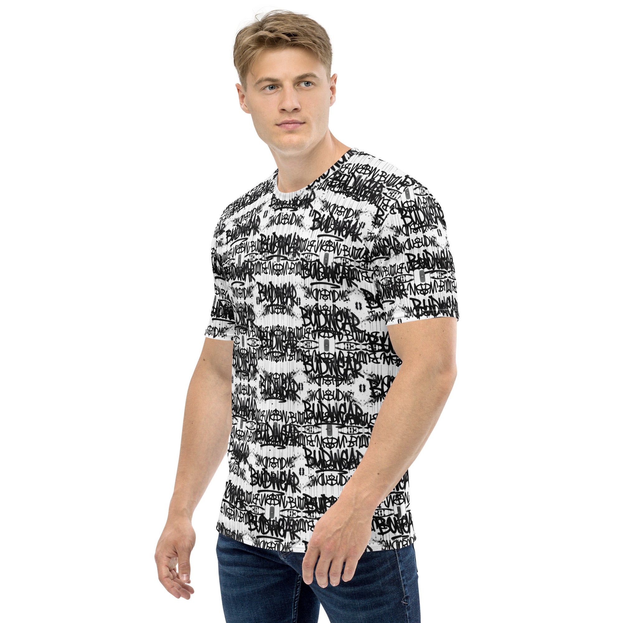 White men's crew neck T-shirt from BudWear's Signature Budwear CUT-SEW collection with all-over print design.