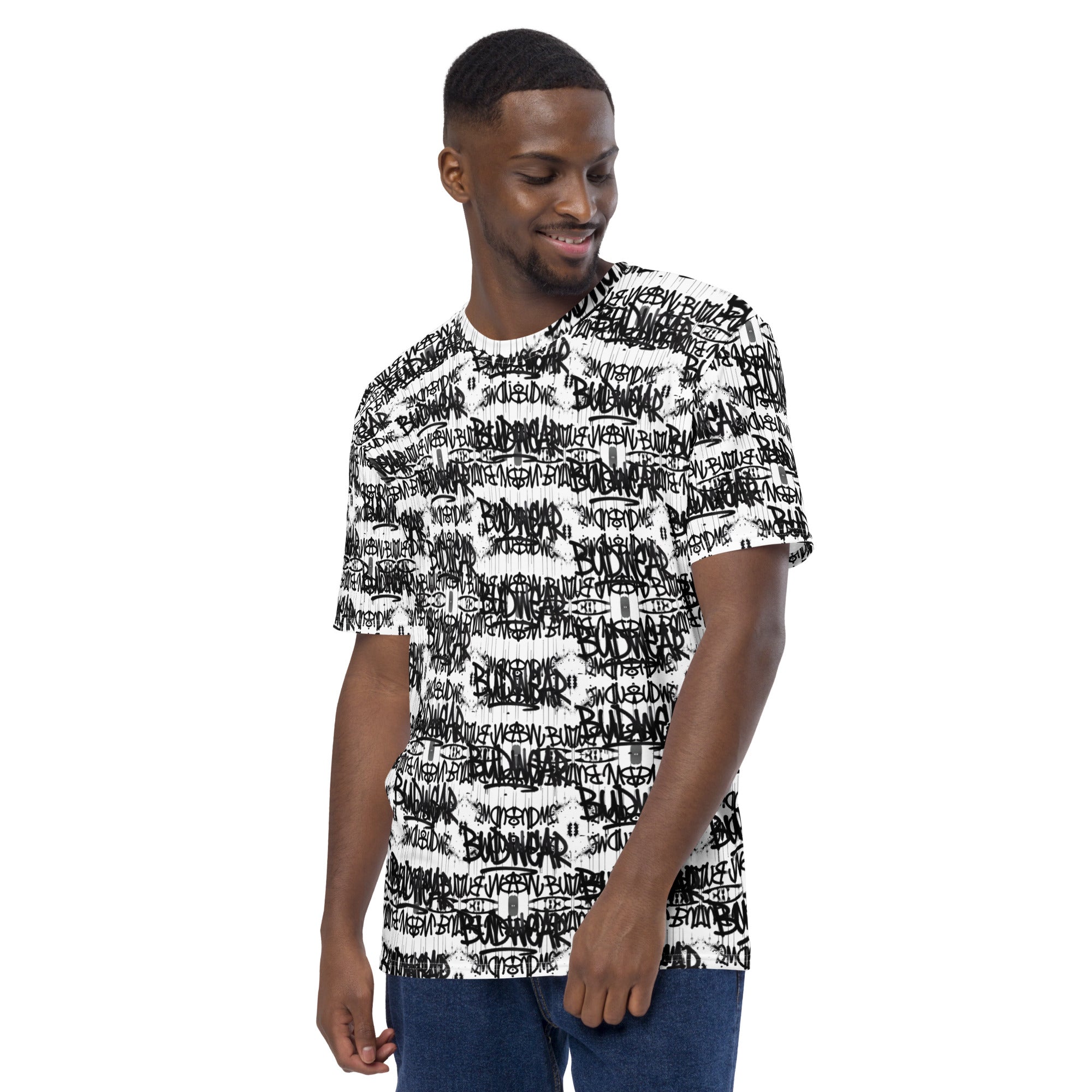 White men's all-over-print crew neck T-shirt by BudWear, featuring a stylish signature Budwear design.