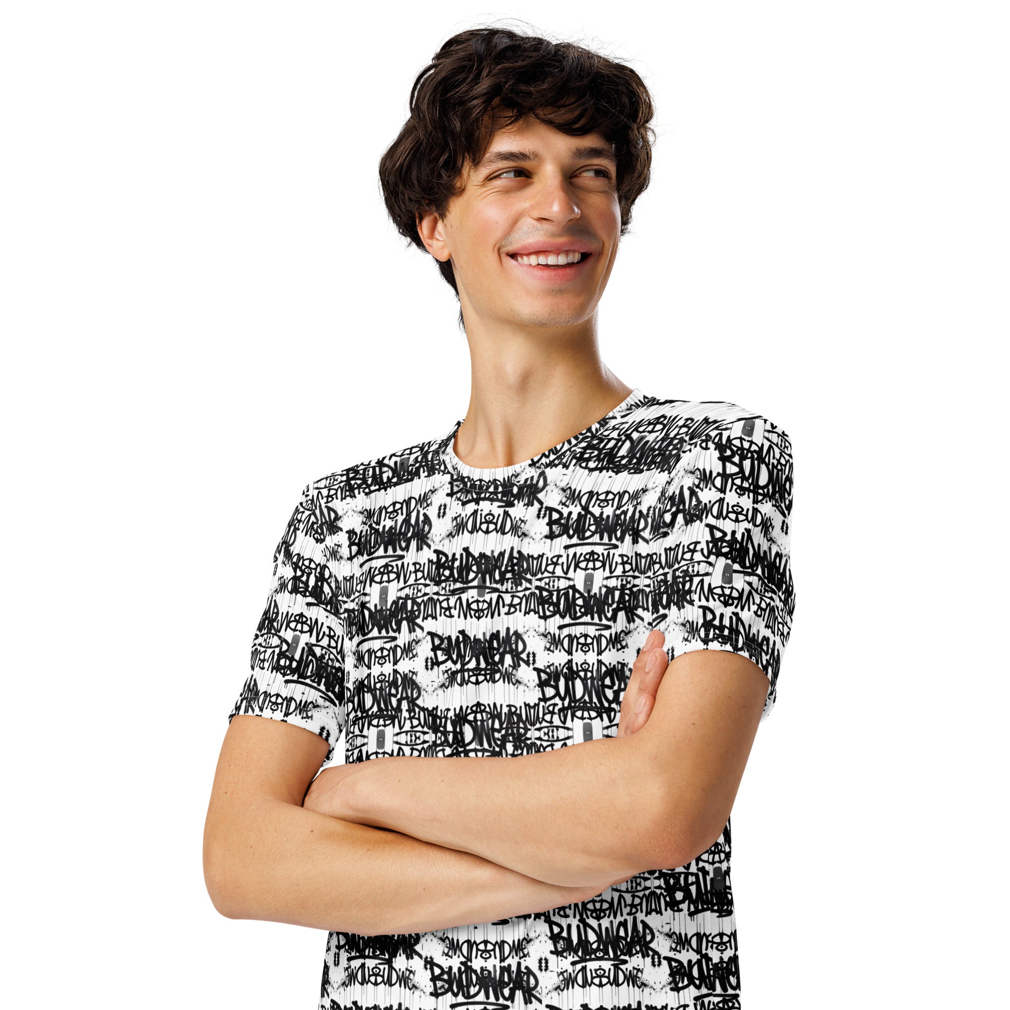 White men's crew neck T-shirt with all-over print from BudWear's Signature Budwear men's t-shirt collection.