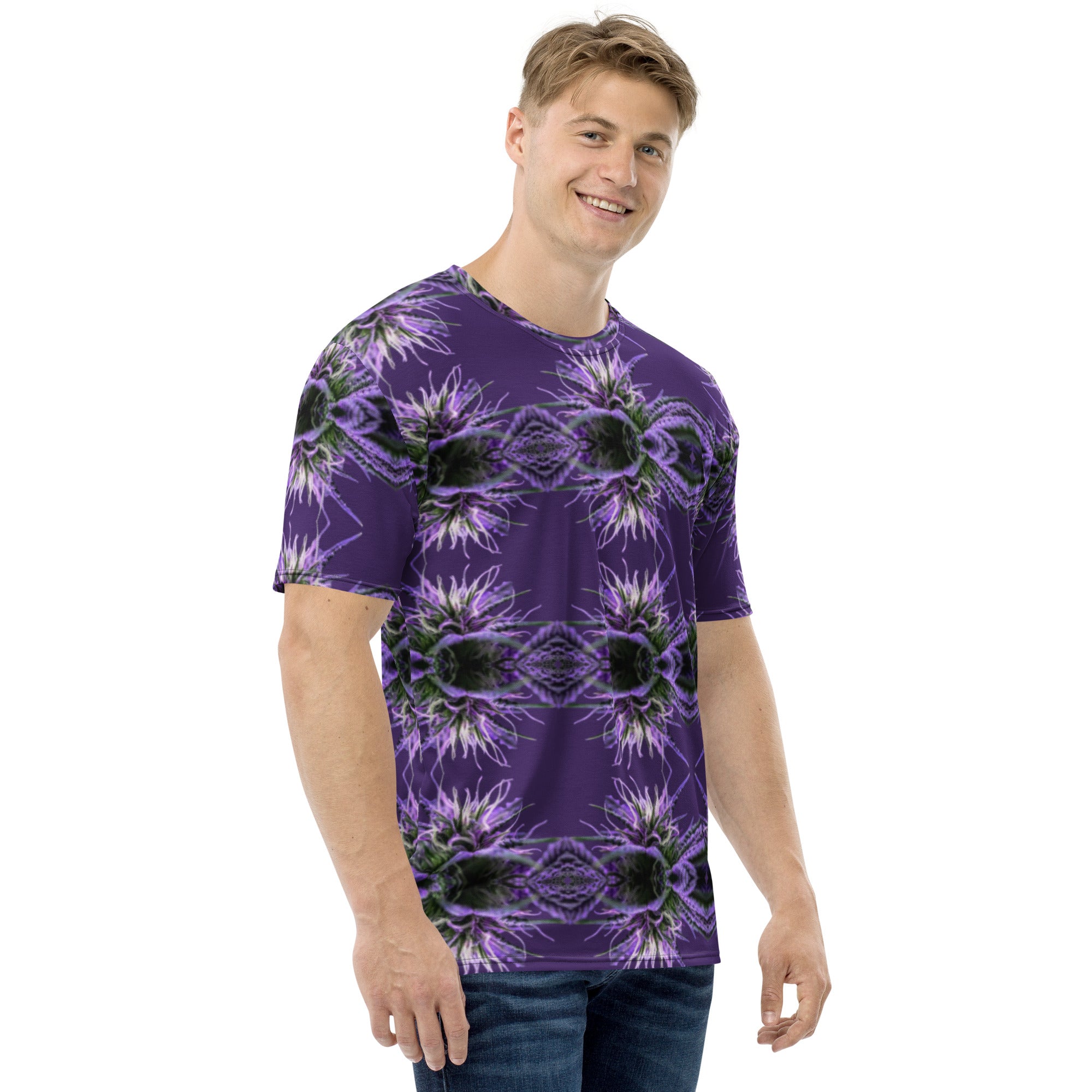 Purple-bud men's CUT-SEW T-shirt by BudWear with an all-over white print featuring purple floral design.