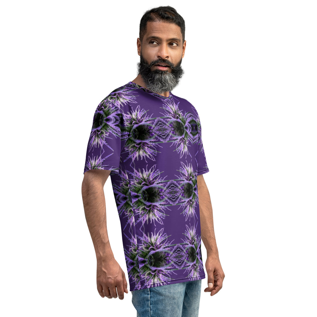 Purple-bud men's crew neck T-shirt by BudWear featuring all-over purple bud print on a white fabric background.