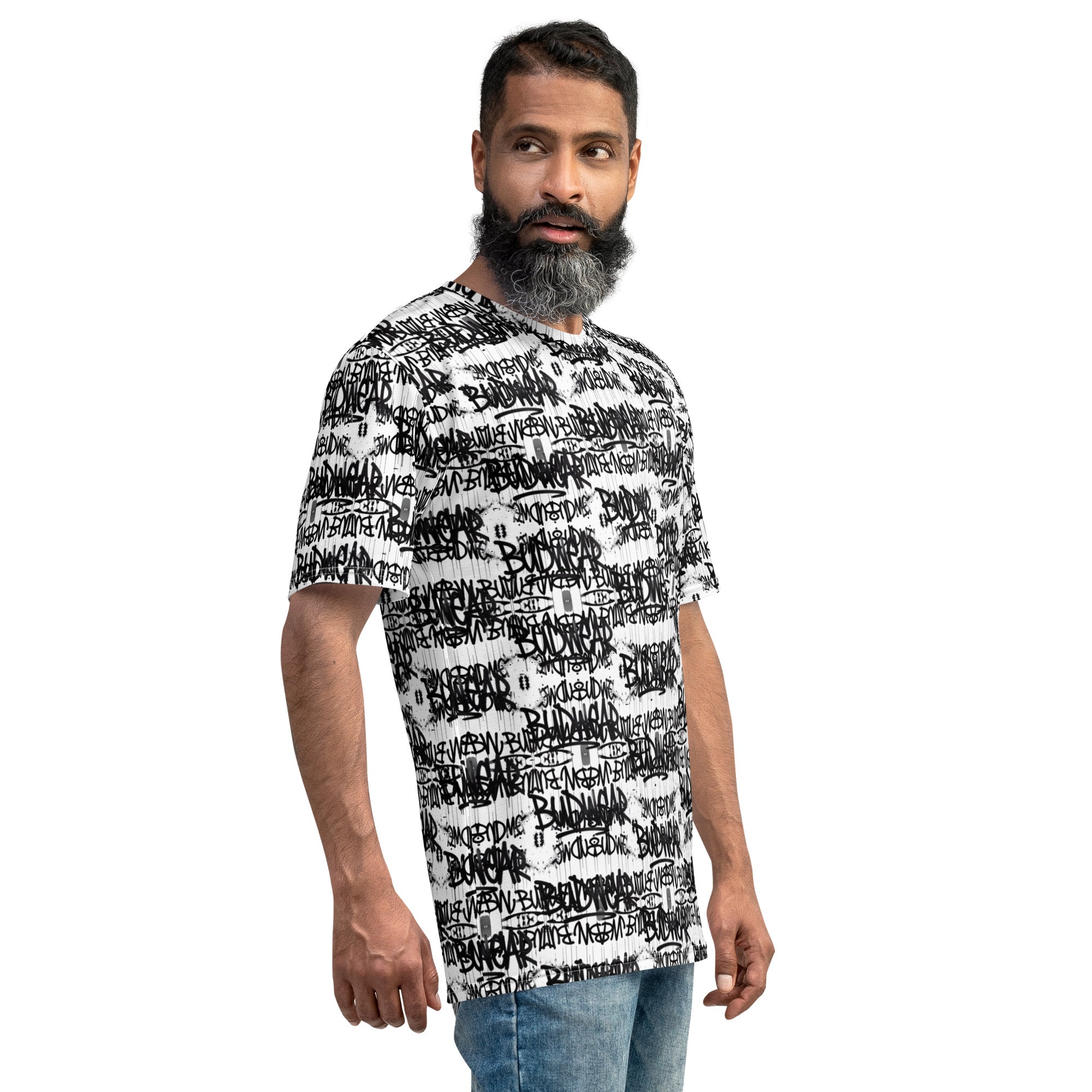 White men's all-over-print crew neck T-shirt by BudWear, featuring a stylish cut-sew design and vibrant graphic pattern.