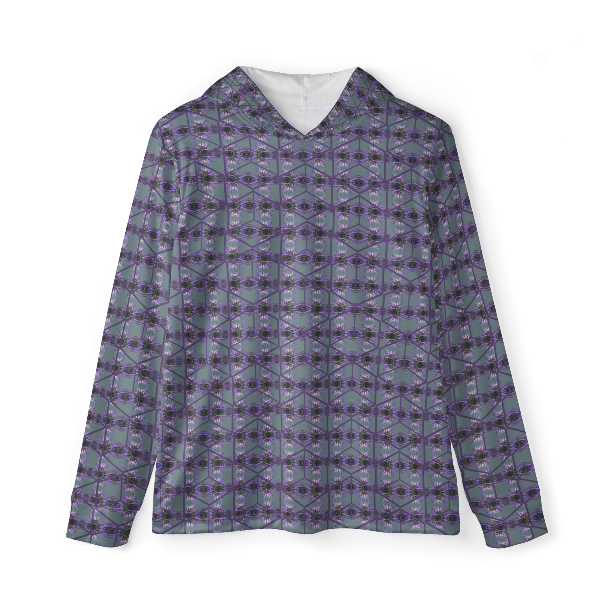 Purple Bud Cannabis print warm-up hoodie for men by BudWear, featuring all-over cannabis leaf design on front.