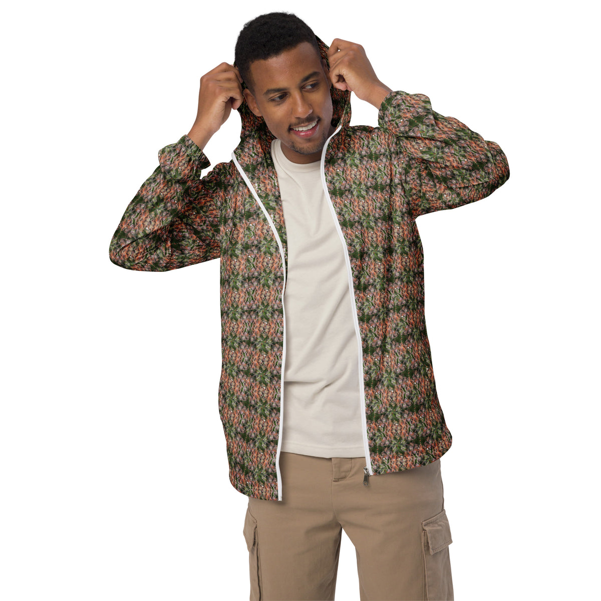 Men's Cannabis Print Windbreaker Jacket by BudWear, white with all-over cannabis leaf design, front view.