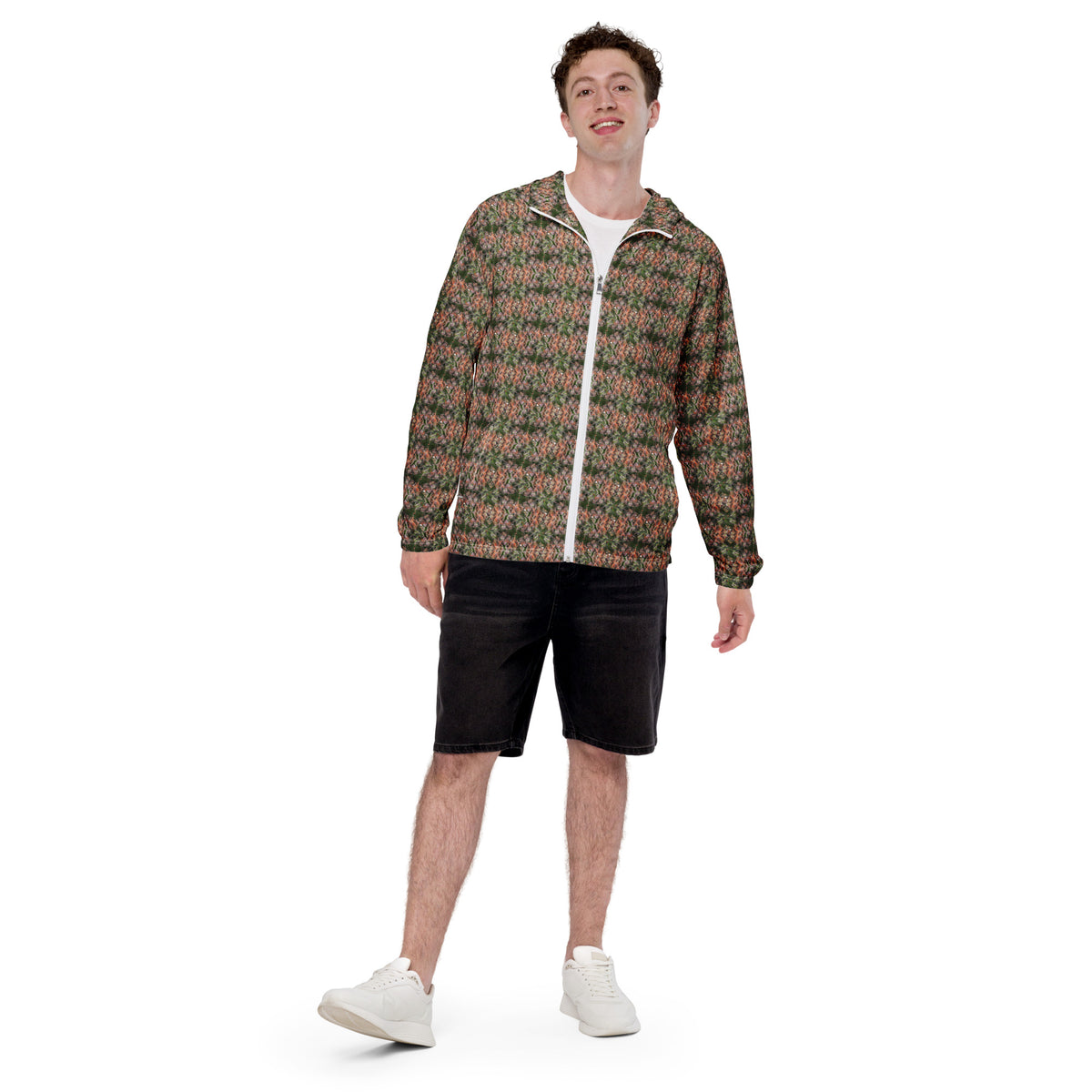 Men's Cannabis Print Windbreaker Jacket by BudWear with all-over cannabis leaf pattern on white fabric, front view.