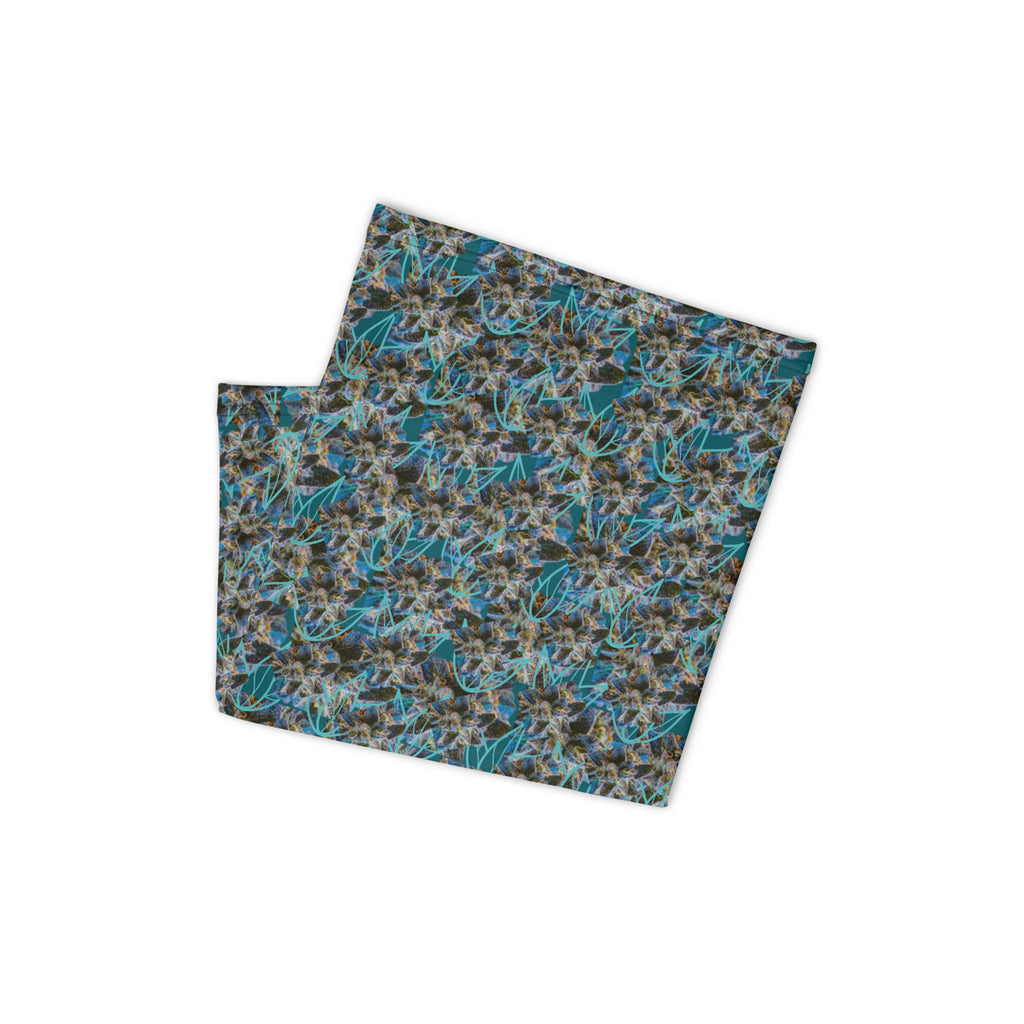 White BudWear all-over-print neck gaiter, foldable and stylish, made from cut-sew fabric for versatile wear.