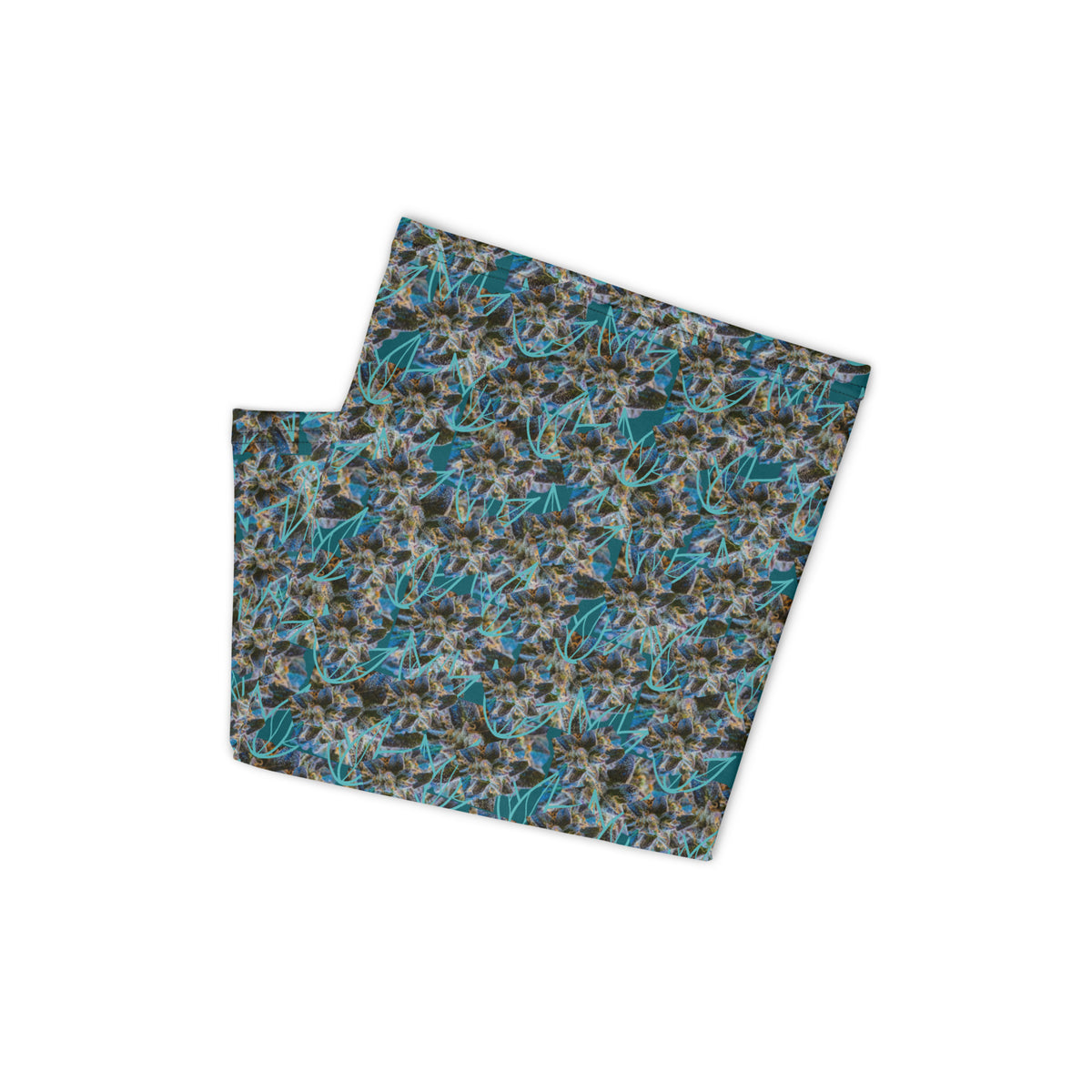 White all-over-print BudWear neck gaiter, folded to show soft, stretchy fabric and detailed design for versatile face covering.