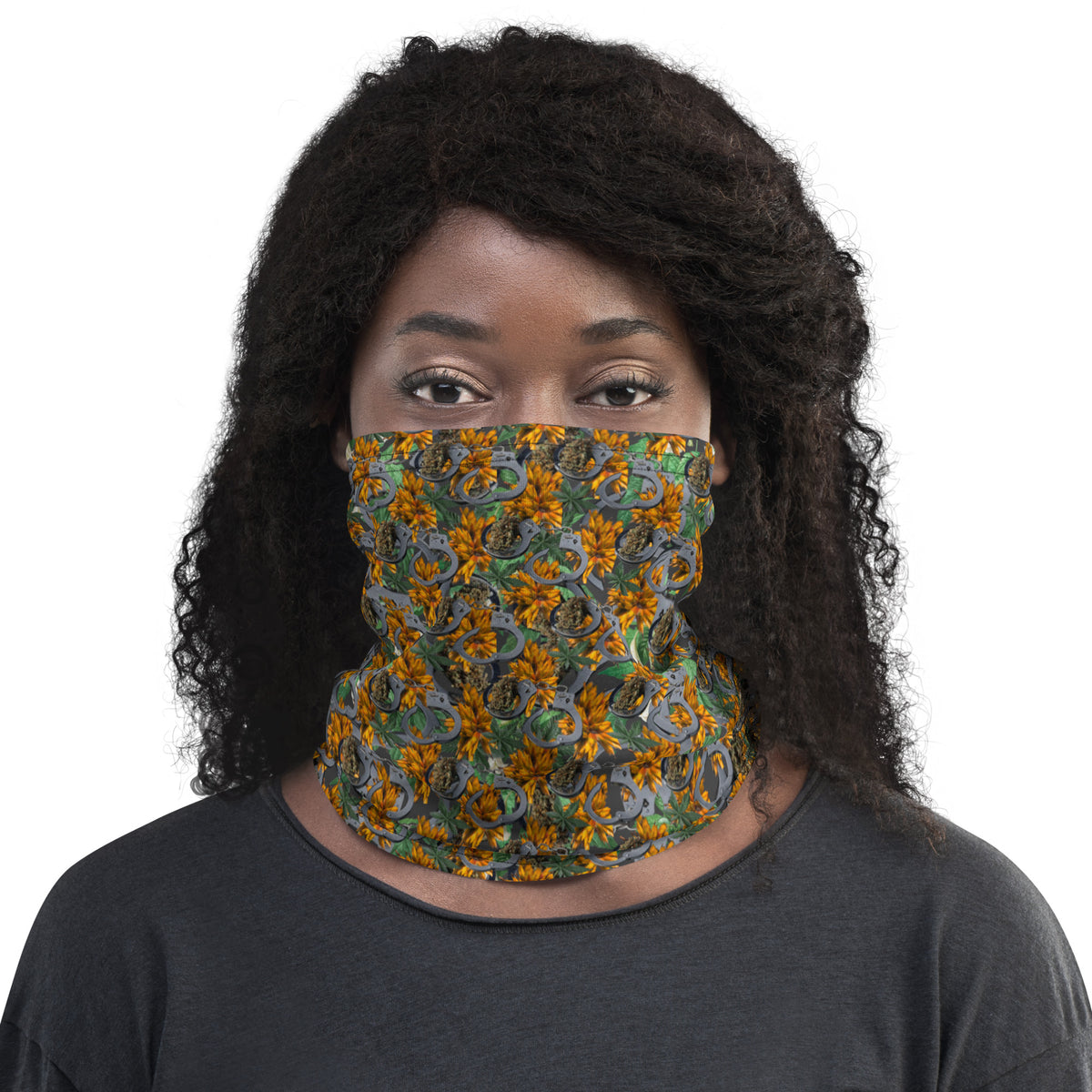 BudWear Cuffs & Bud Neck Gaiter with all-over white marijuana leaf print, made of breathable fabric for comfortable wear.