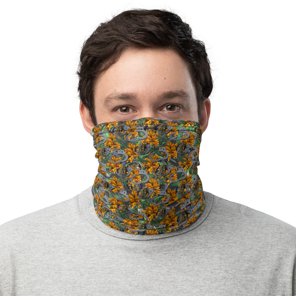 BudWear Cuffs & Bud Neck Gaiter with all-over white print, featuring colorful cannabis leaf designs.