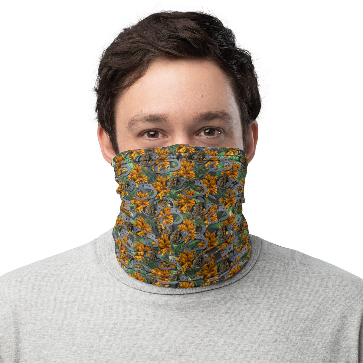 White Cuffs & Bud Neck Gaiter by BudWear with all-over print, featuring a comfortable, versatile design for neck and face coverage.