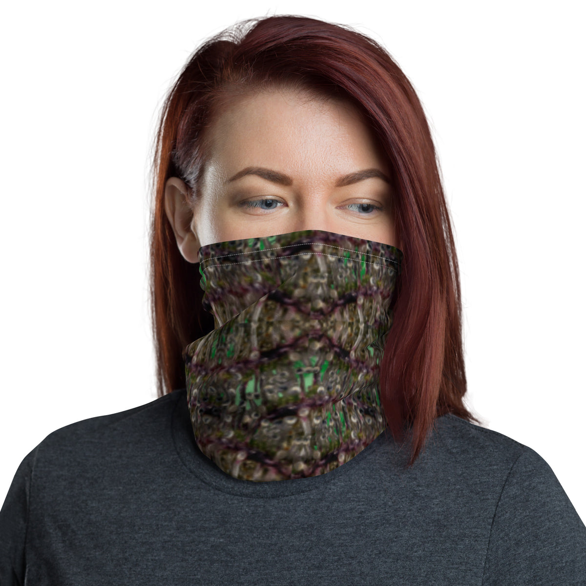 White Dripping Bud Neck Gaiter by BudWear featuring an all-over-print design for versatile face and neck coverage.