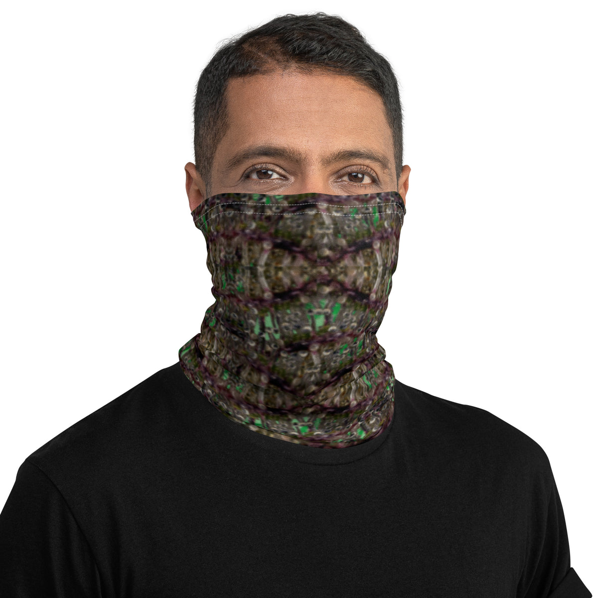 BudWear dripping bud neck gaiter with vibrant all-over white print, made from direct-to-fabric material for a comfortable fit.