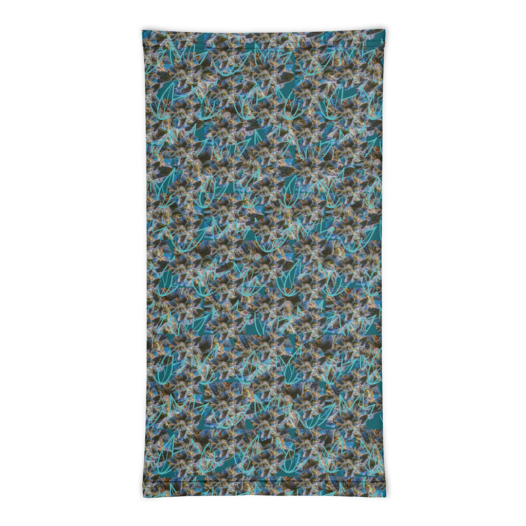 White BudWear all-over-print neck gaiter with vibrant designs, made from comfortable cut-sew fabric.