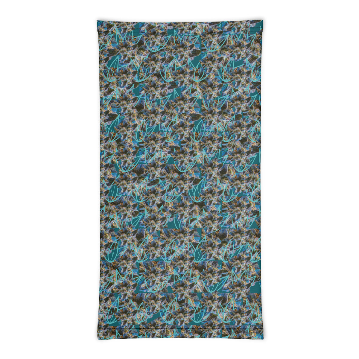White BudWear all-over-print neck gaiter with vibrant designs, made from comfortable cut-sew fabric.