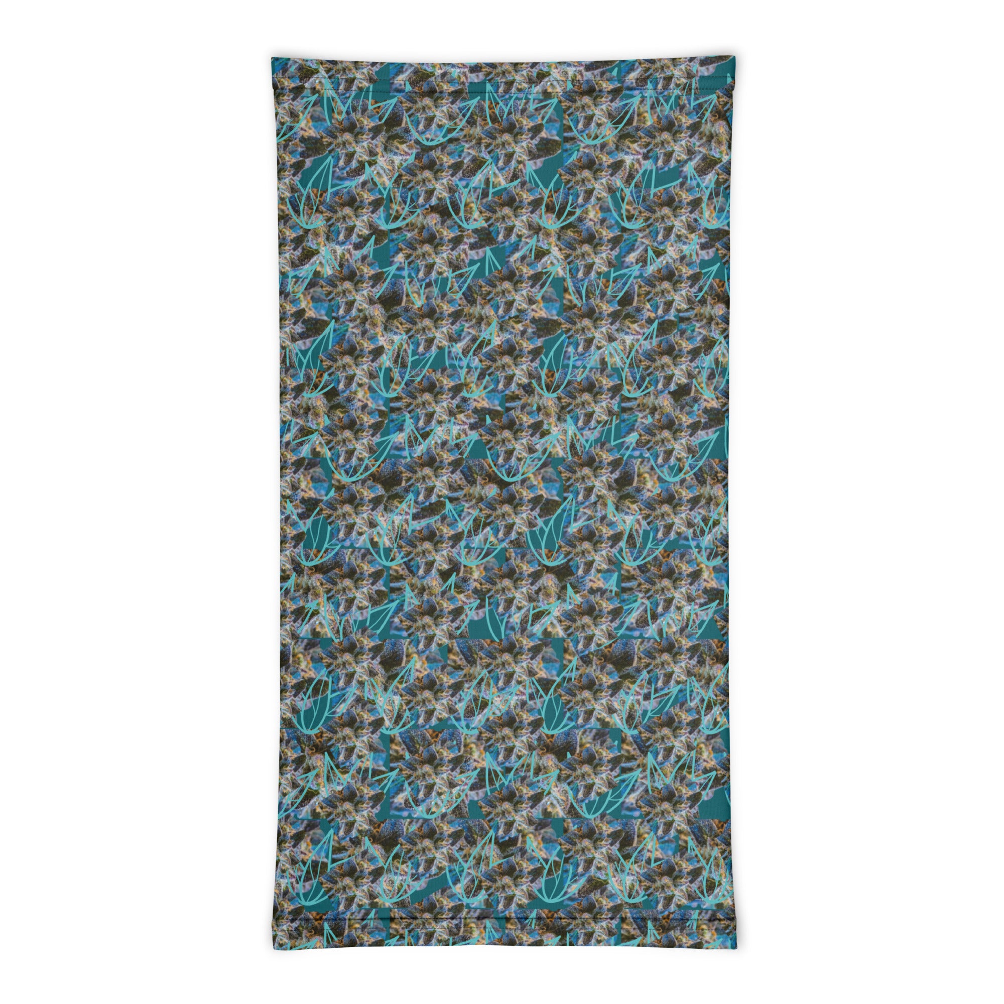 White BudWear all-over-print neck gaiter with vibrant designs, made from comfortable cut-sew fabric.