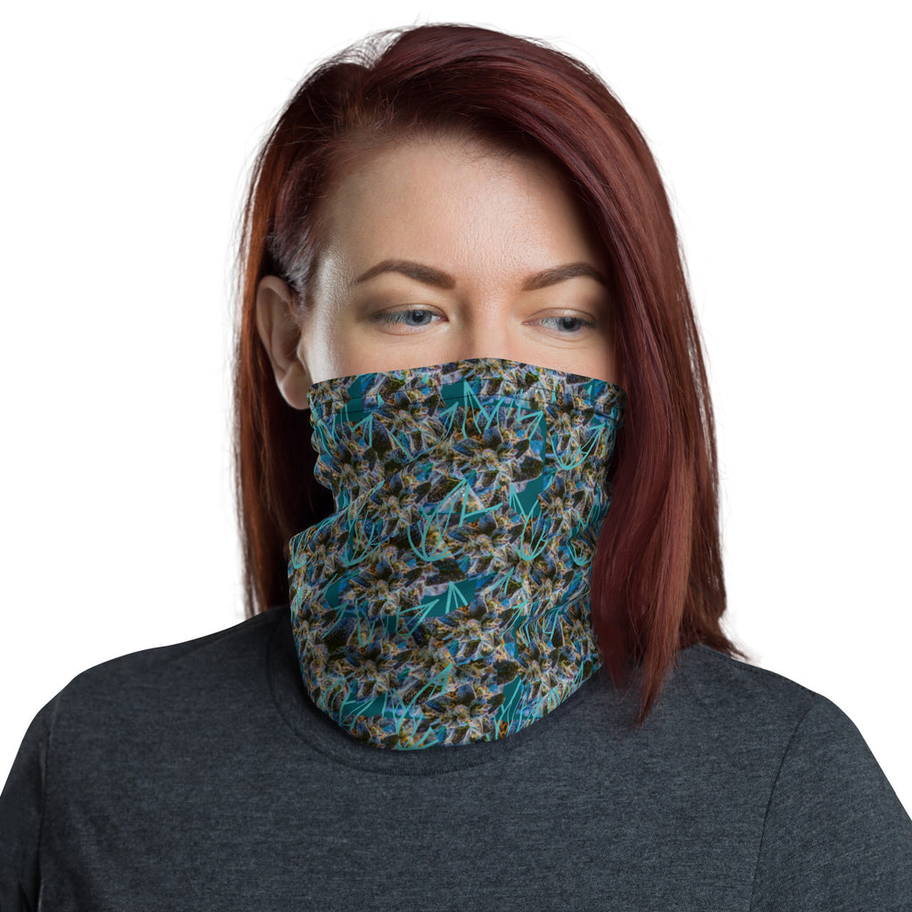 White BudWear all-over-print neck gaiter featuring a stylish cut-sew design, designed for versatile face and neck coverage.