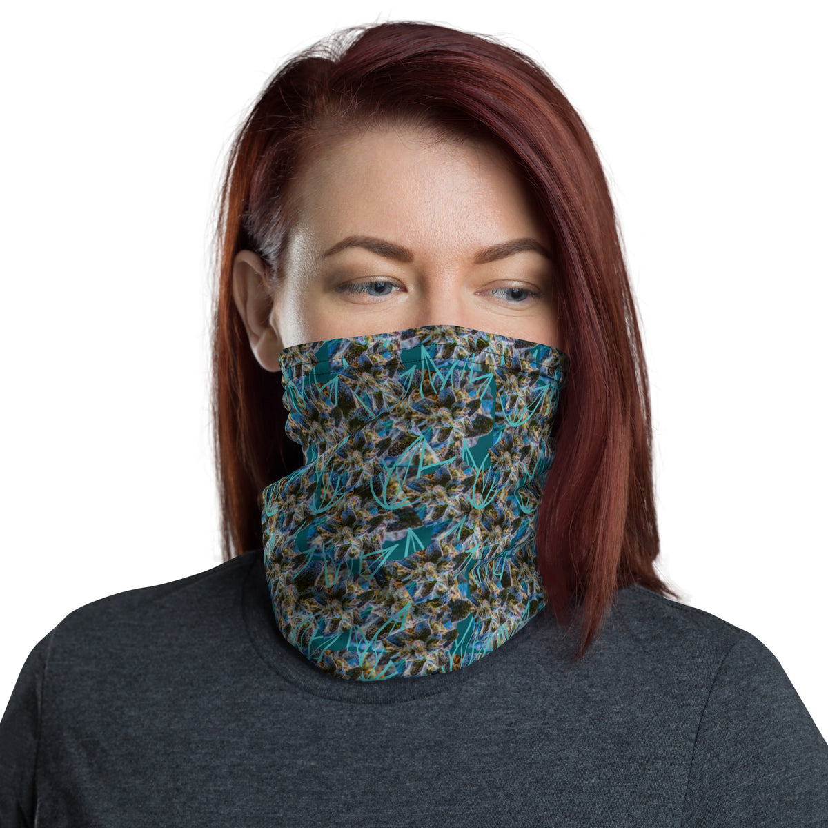 White BudWear all-over-print neck gaiter featuring a stylish cut-sew design, designed for versatile face and neck coverage.