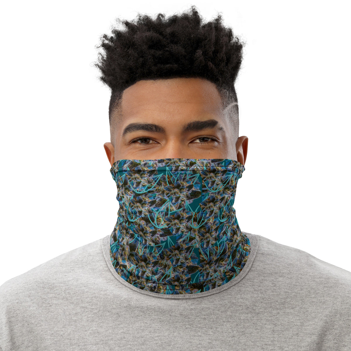 White all-over-print BudWear neck gaiter made with cut-sew fabric, designed to fit comfortably around the neck.