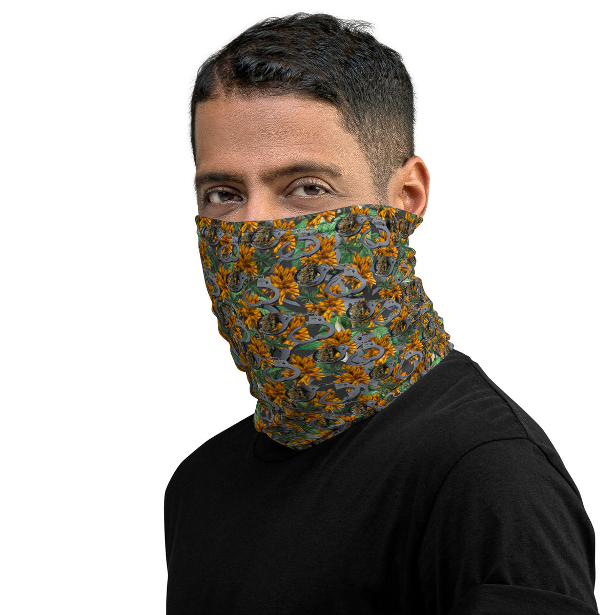 White Cuffs & Bud Neck Gaiter by BudWear with colorful all-over print, designed for neck and face coverage.