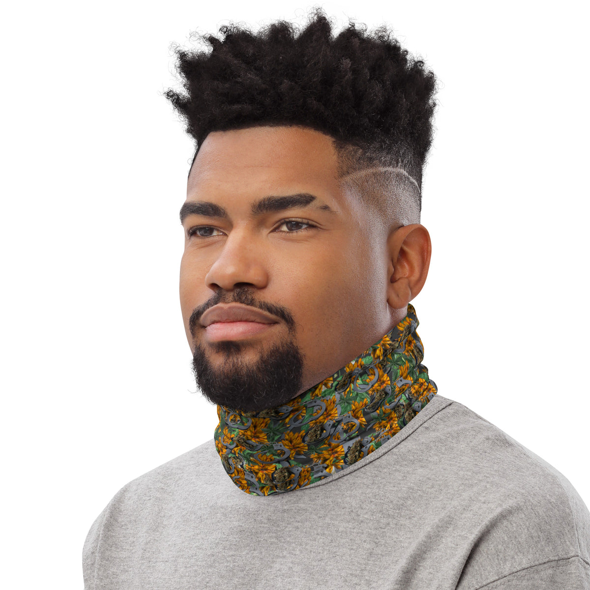 White Cuffs & Bud Neck Gaiter by BudWear with all-over print, showing the detailed design on the fabric.