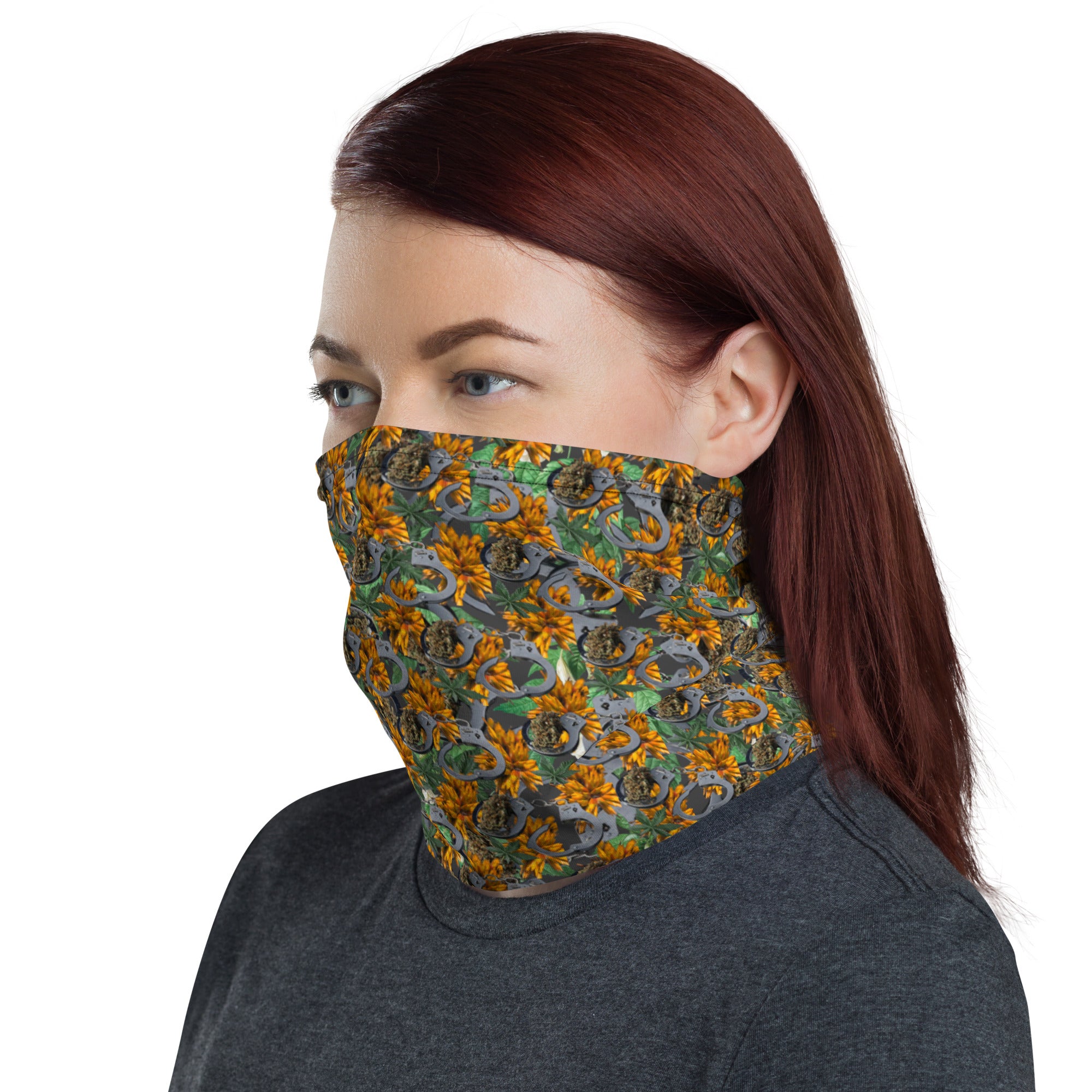 All-over-print white Cuffs & Bud Neck Gaiter by BudWear, featuring colorful abstract design on a comfortable fabric.