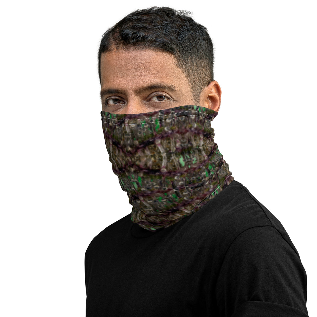 White dripping bud design neck gaiter by BudWear, made with direct-to-fabric printing for vibrant all-over cannabis-themed pattern.