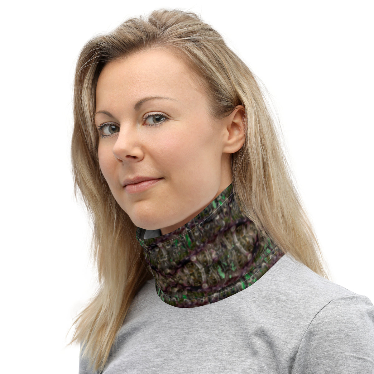 White Dripping Bud Neck Gaiter by BudWear with all-over print, made from direct-to-fabric material, designed for versatile wear.
