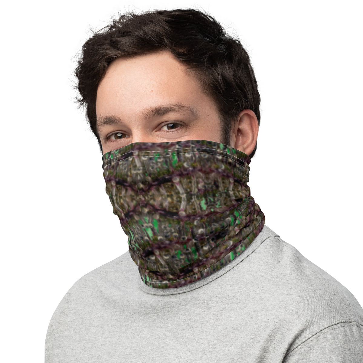 White Dripping Bud Neck Gaiter by BudWear featuring an all-over-print design, made with direct-to-fabric printing.