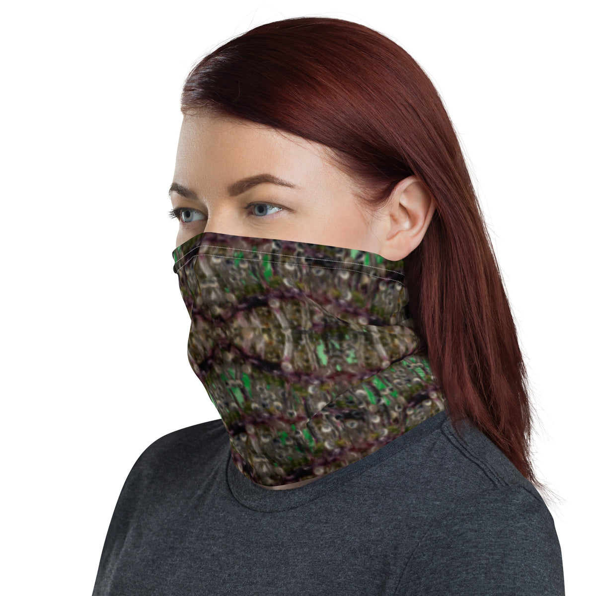 White Dripping Bud Neck Gaiter by BudWear featuring colorful, all-over-print cannabis leaf design on fabric.