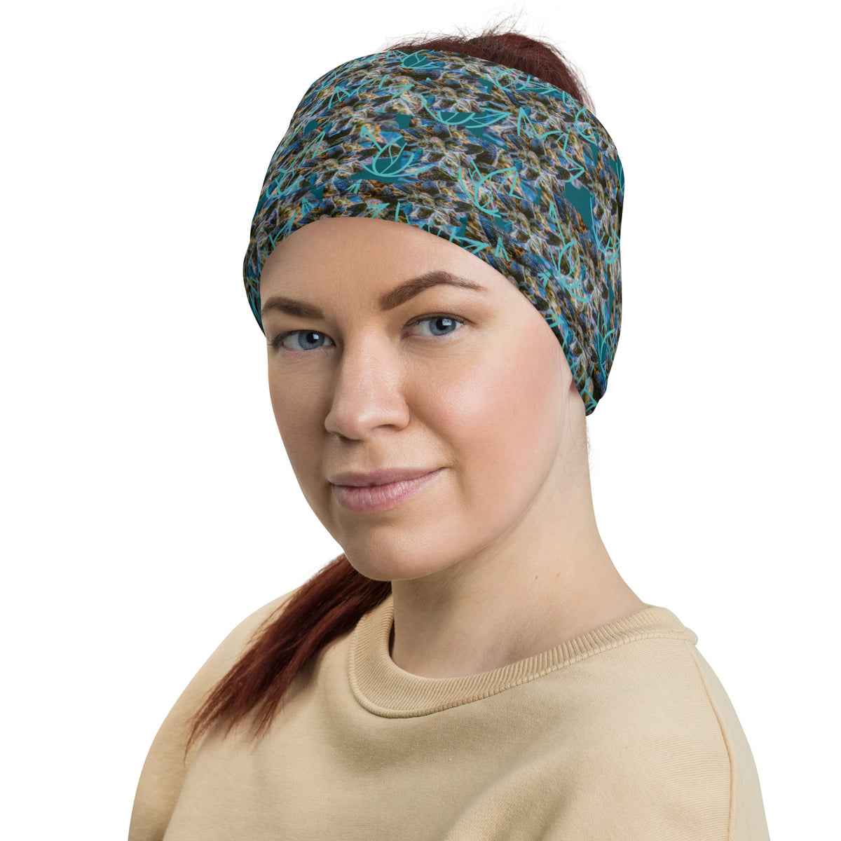 All-over print white neck gaiter by BudWear, made with cut-sew fabric, showcasing a stylish, versatile face covering on a white background.