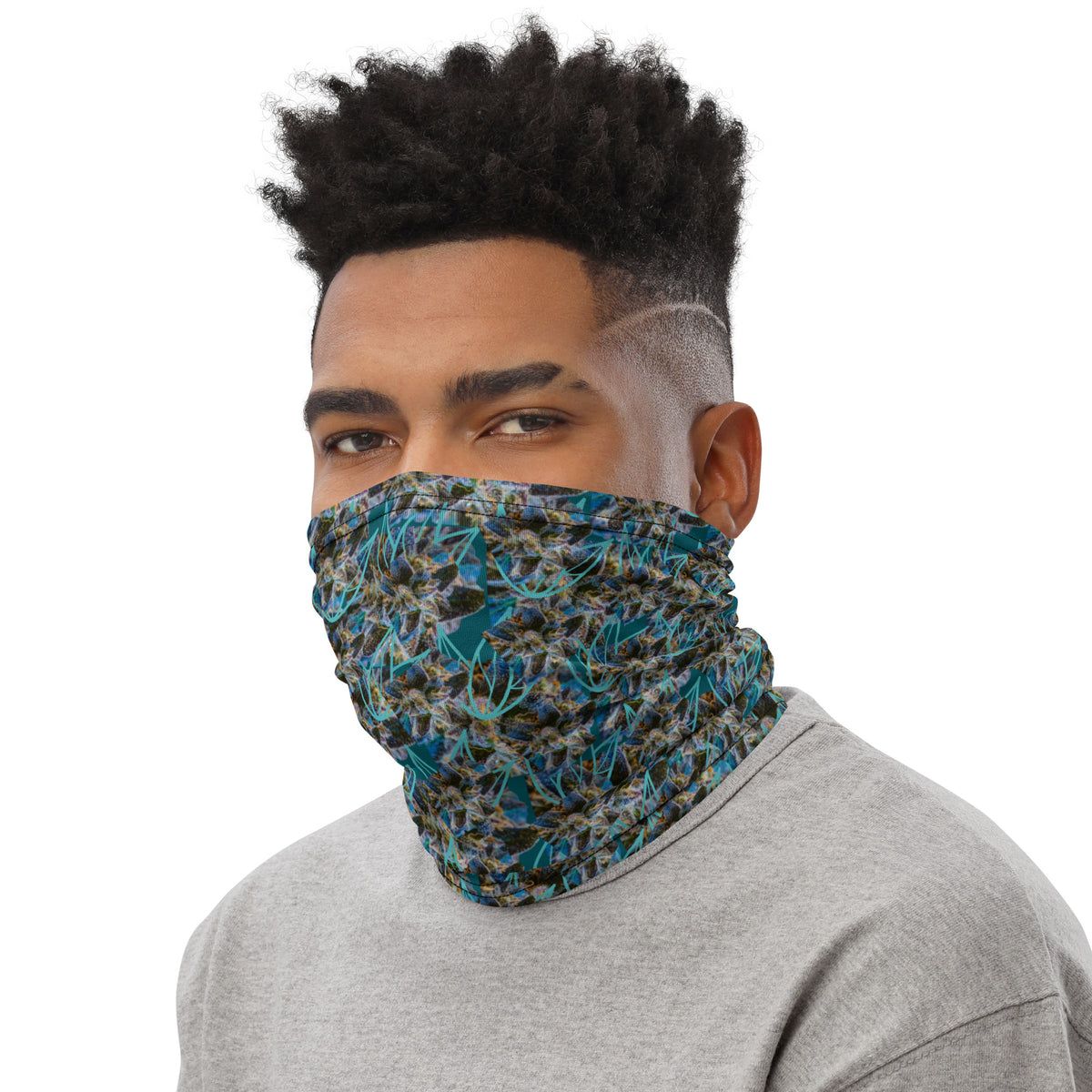 White BudWear all-over-print neck gaiter made from cut-sew fabric, designed for versatile face and neck coverage.