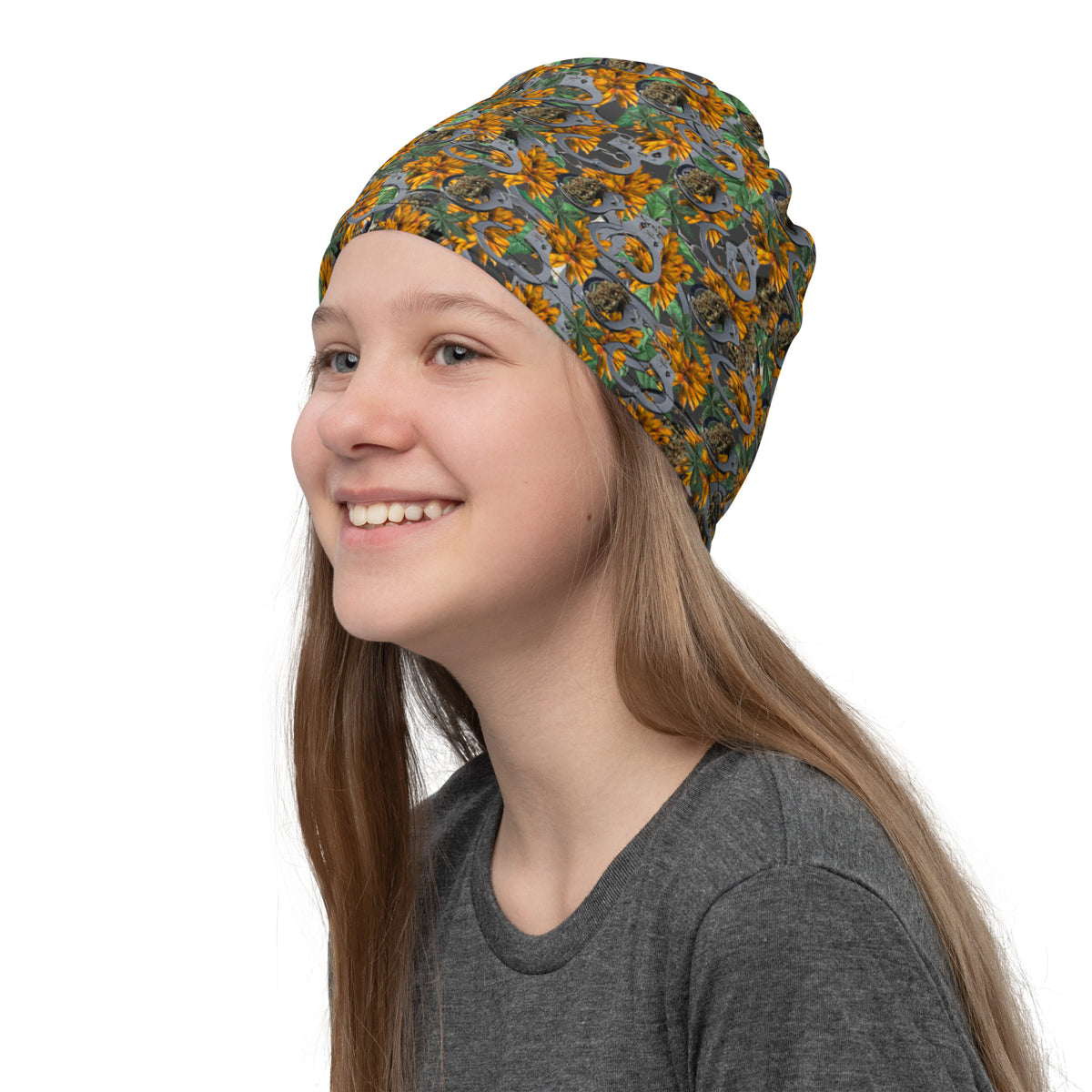 White Cuffs & Bud Neck Gaiter by BudWear with all-over print, worn around the neck in a close-up view.