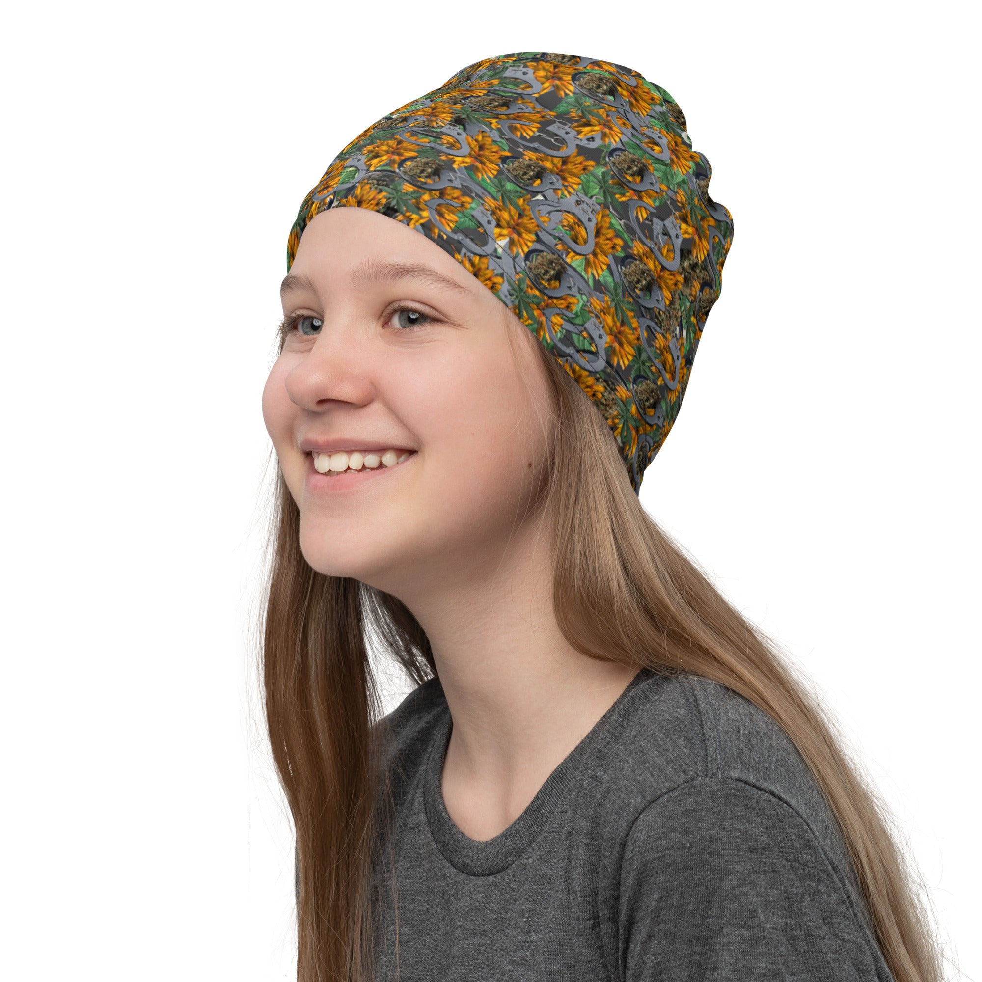 White Cuffs & Bud Neck Gaiter by BudWear with all-over print, worn around the neck and lower face for style and protection.