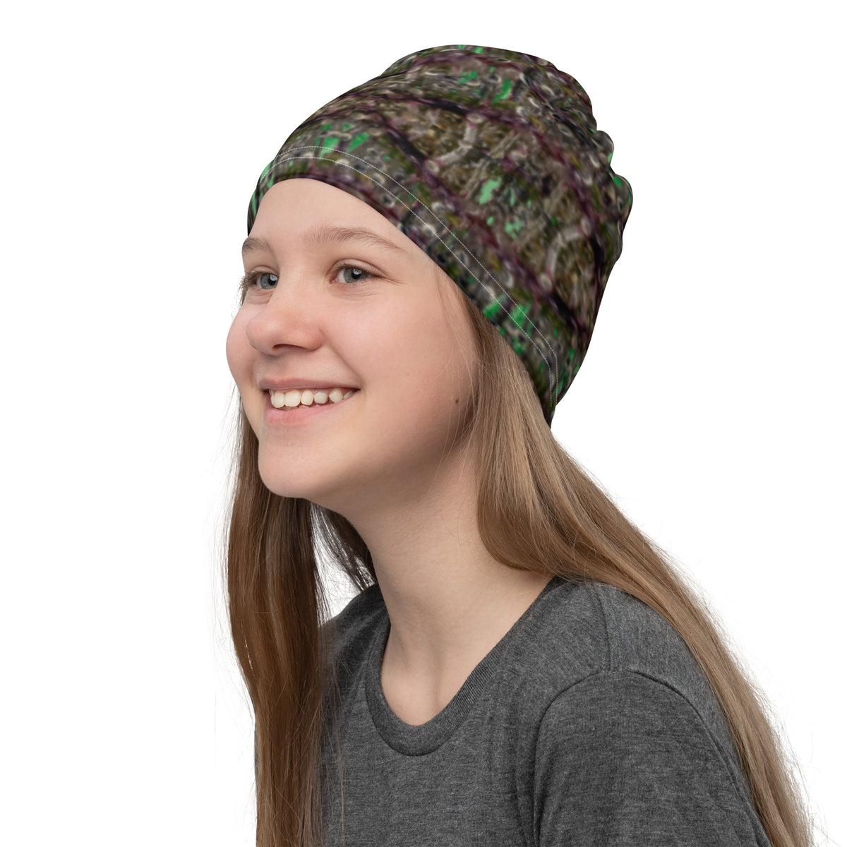 White Dripping Bud Neck Gaiter by BudWear featuring an all-over drip graphic design, worn around the neck in the image.