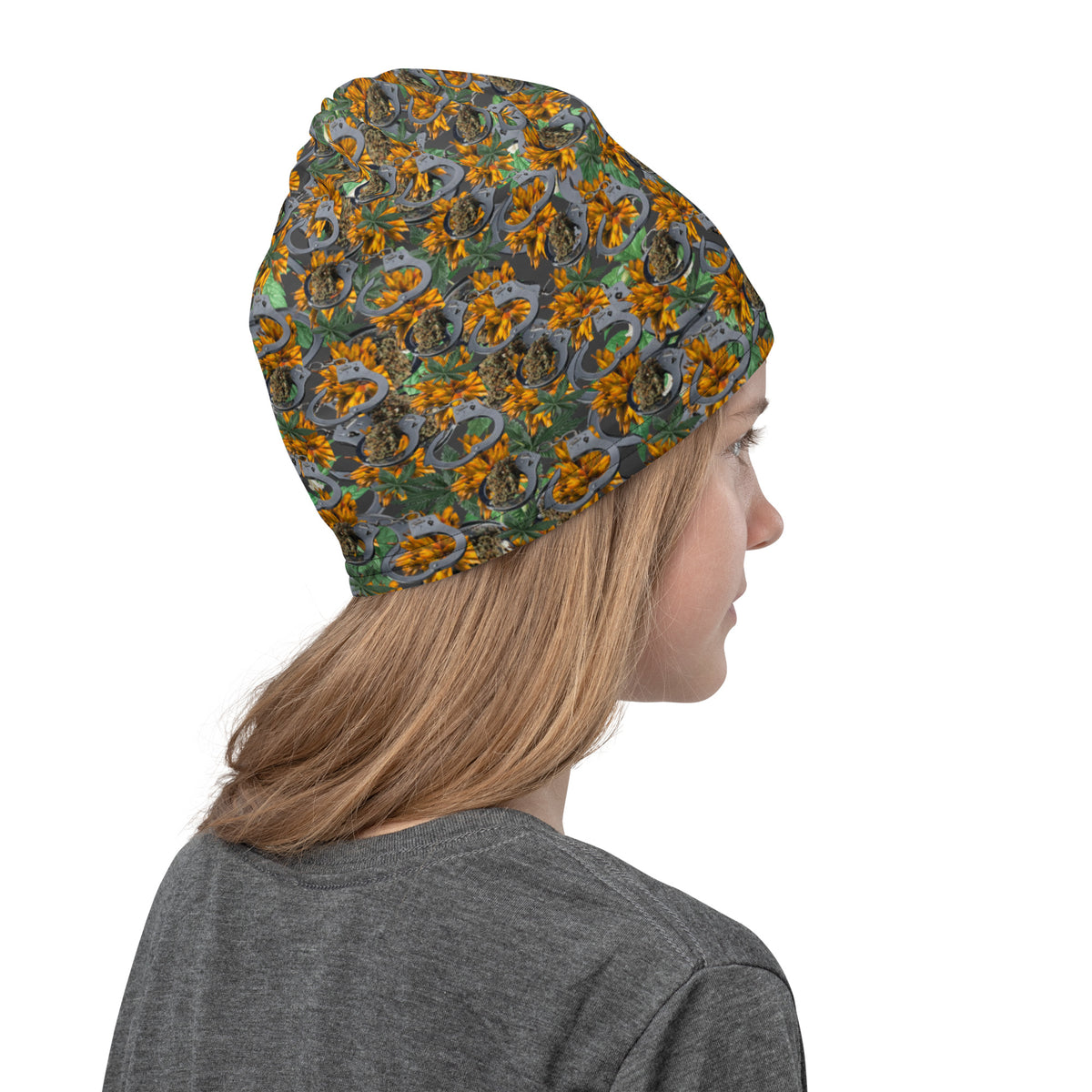 All-over-print white Cuffs & Bud Neck Gaiter by BudWear, featuring a vibrant, colorful pattern on a soft fabric neck accessory.