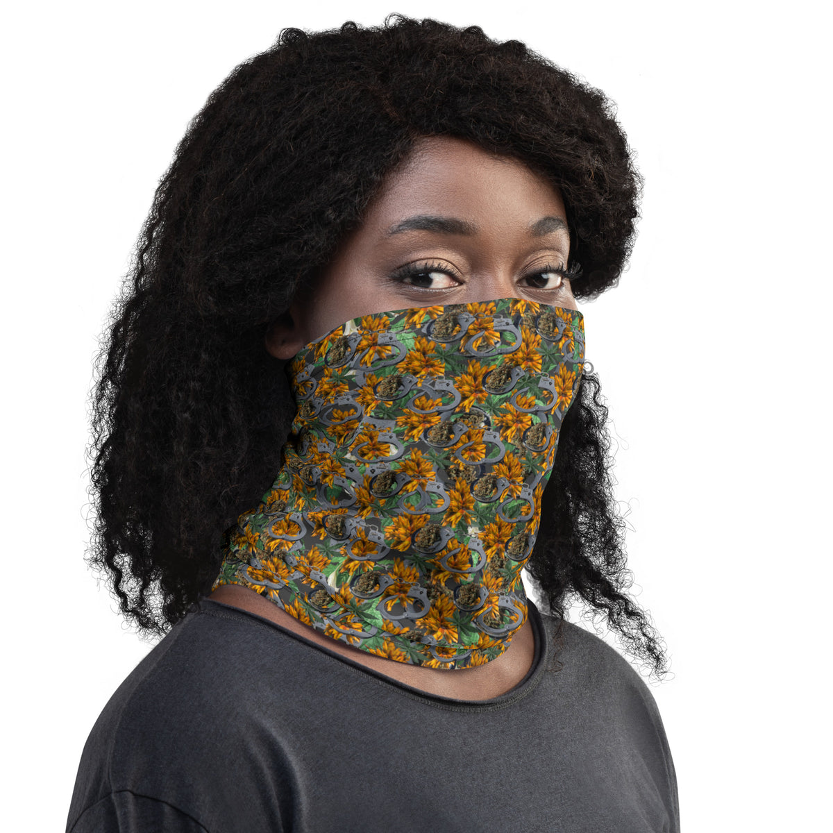 BudWear Cuffs & Bud Neck Gaiter with all-over white cannabis leaf print, versatile face and neck covering.