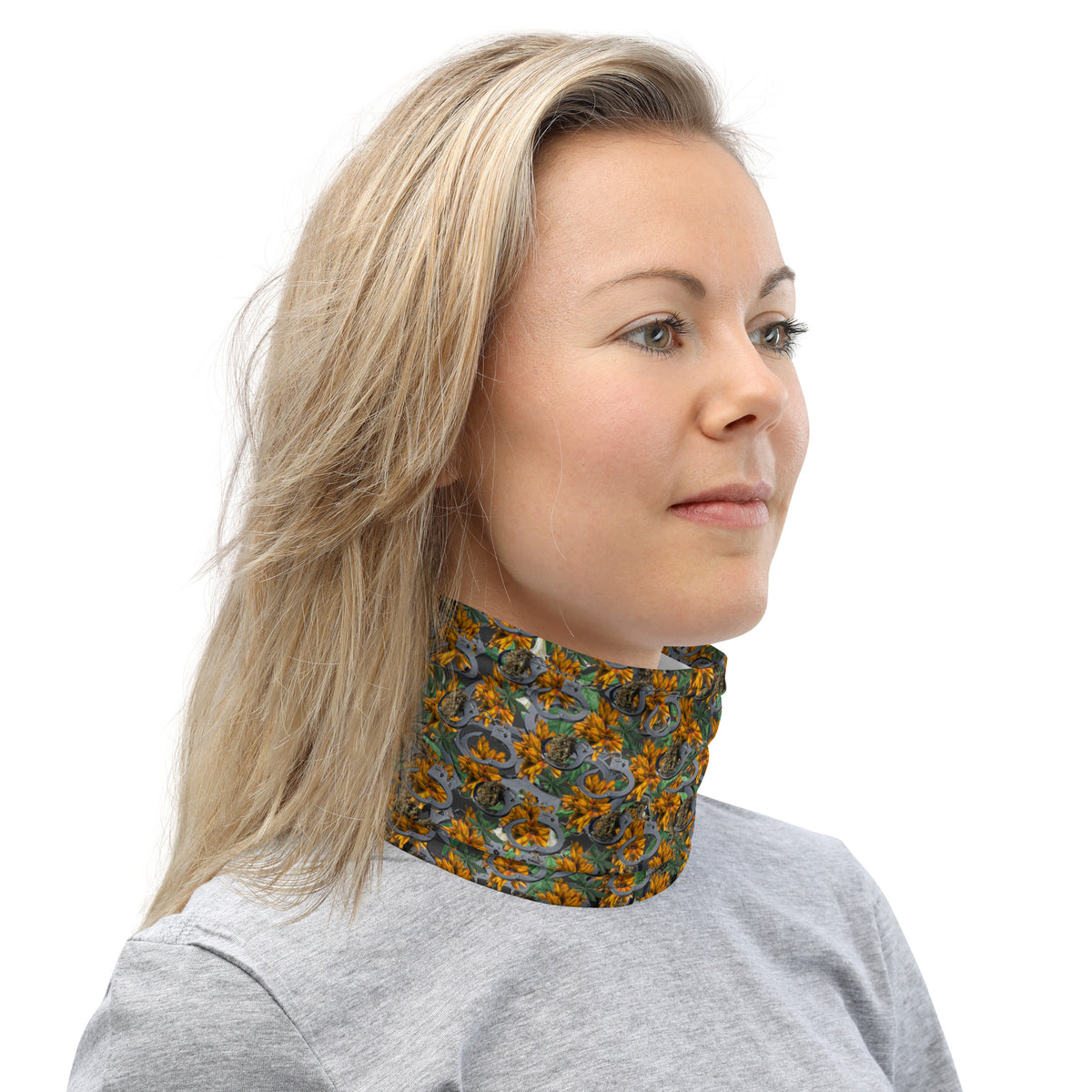 White Cuffs & Bud Neck Gaiter by BudWear with colorful all-over print, worn around the neck for style and protection.