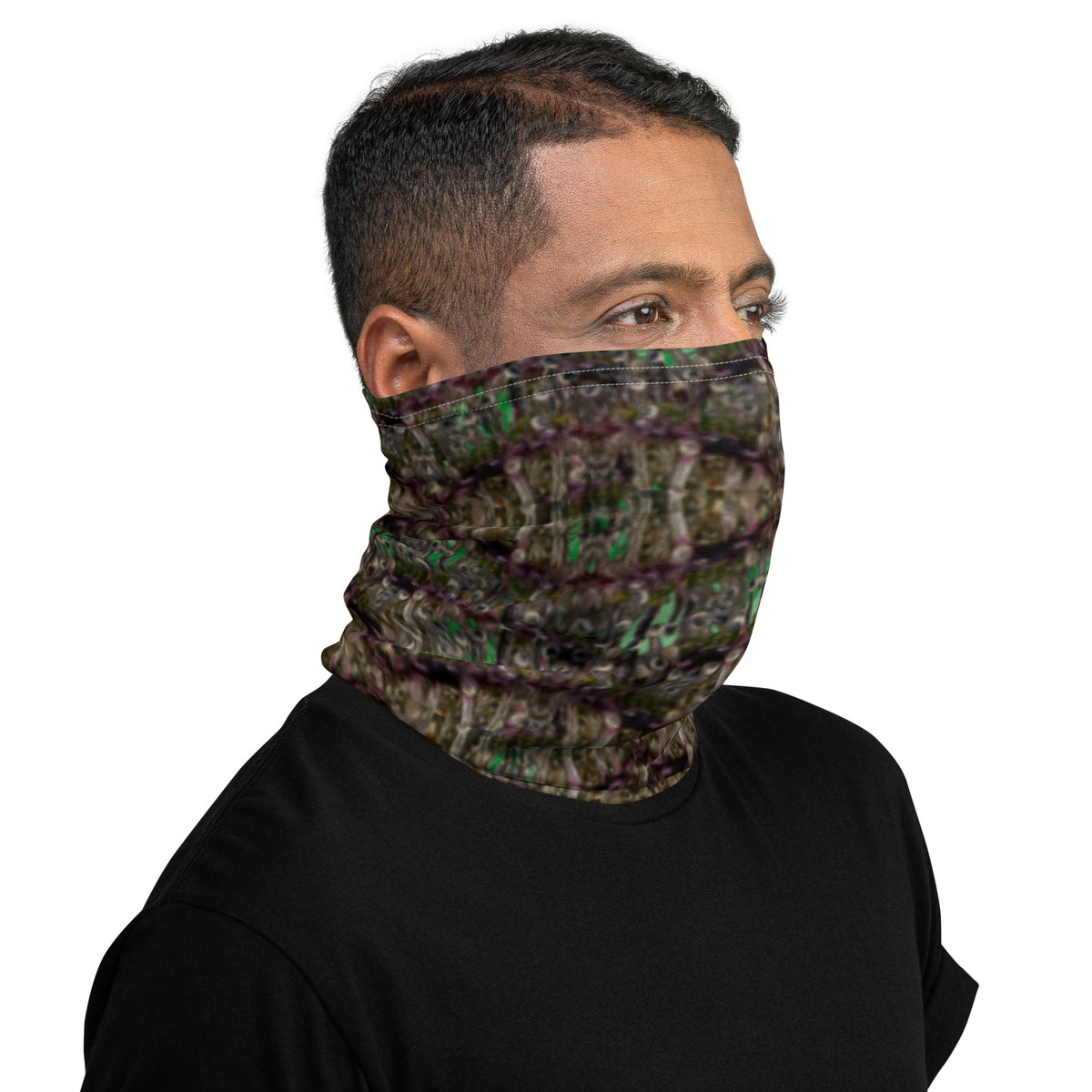 White Dripping Bud Neck Gaiter by BudWear featuring an all-over-print design, made from direct-to-fabric material for comfortable wear.