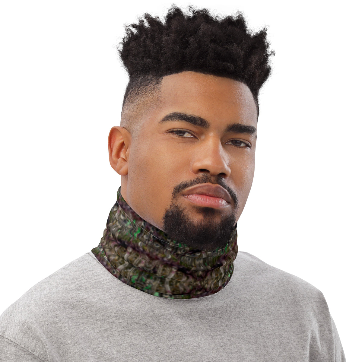 White dripping bud neck gaiter by BudWear featuring a vibrant all-over-print design, made from direct-to-fabric material.