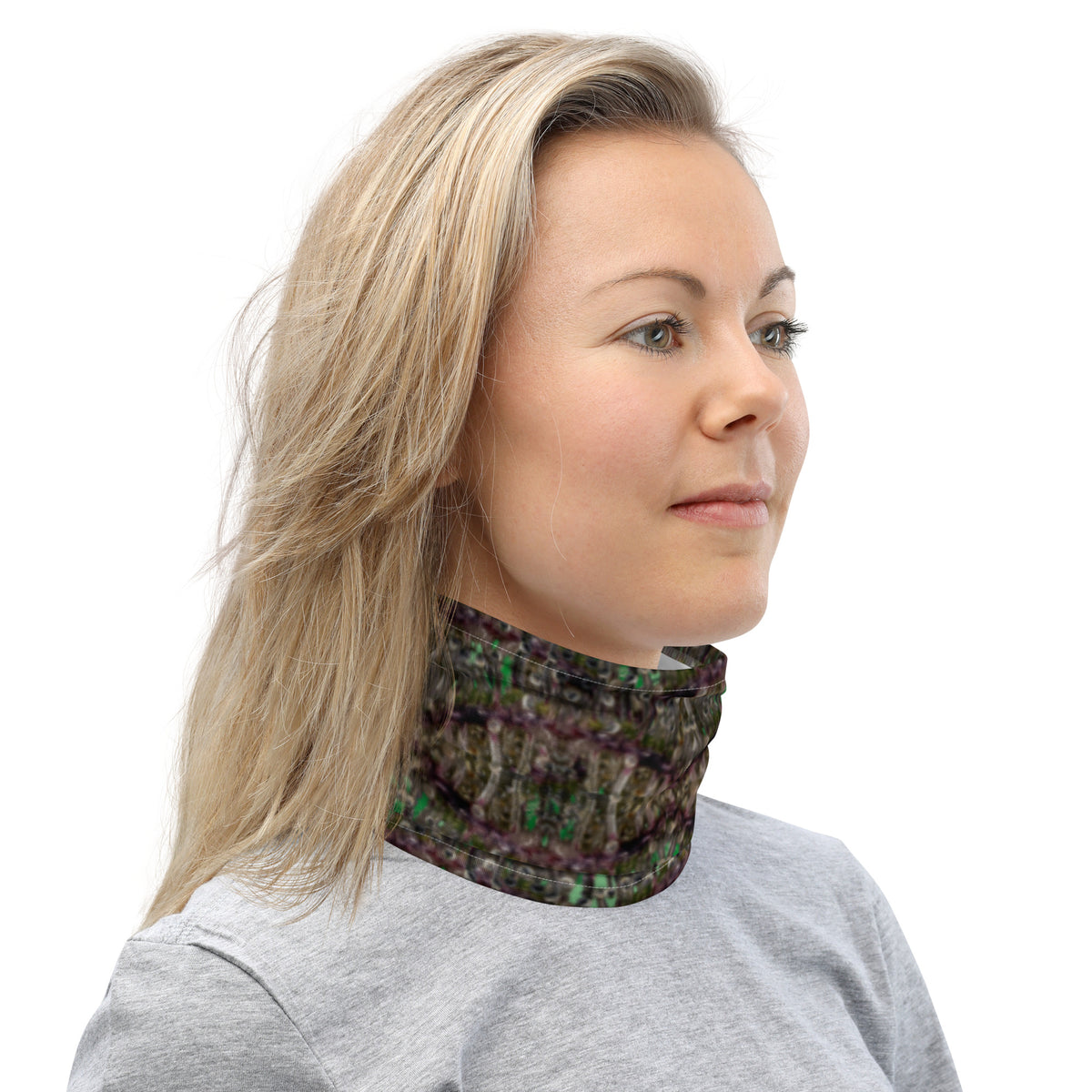 White Dripping Bud Neck Gaiter by BudWear with all-over printed cannabis leaf design, made with direct-to-fabric printing.