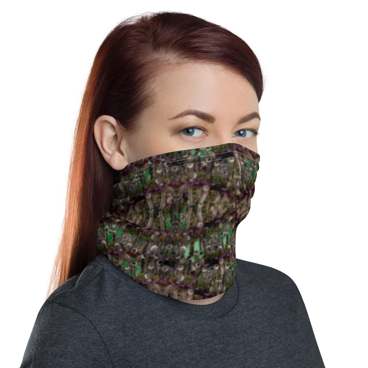 White dripping bud neck gaiter by BudWear featuring all-over cannabis leaf print, made with direct-to-fabric printing.