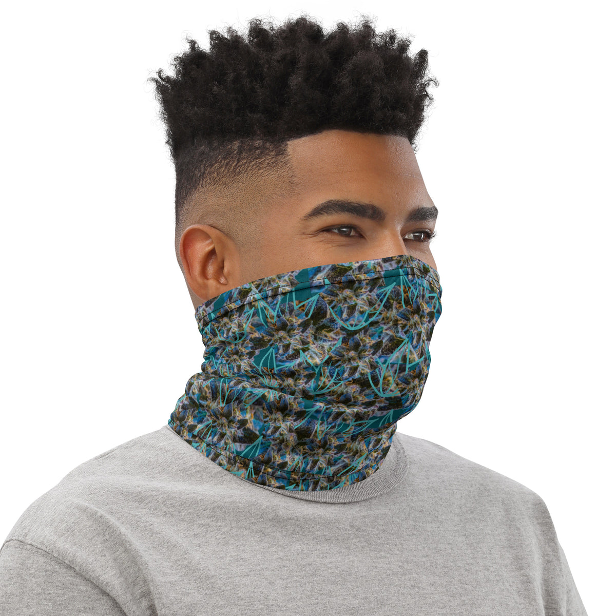 White all-over-print BudWear neck gaiter made with cut-sew fabric, designed for versatile face and neck coverage.