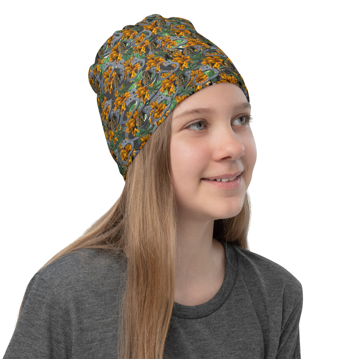 BudWear Cuffs & Bud Neck Gaiter with all-over white print, showing the front view of the versatile face and neck covering.