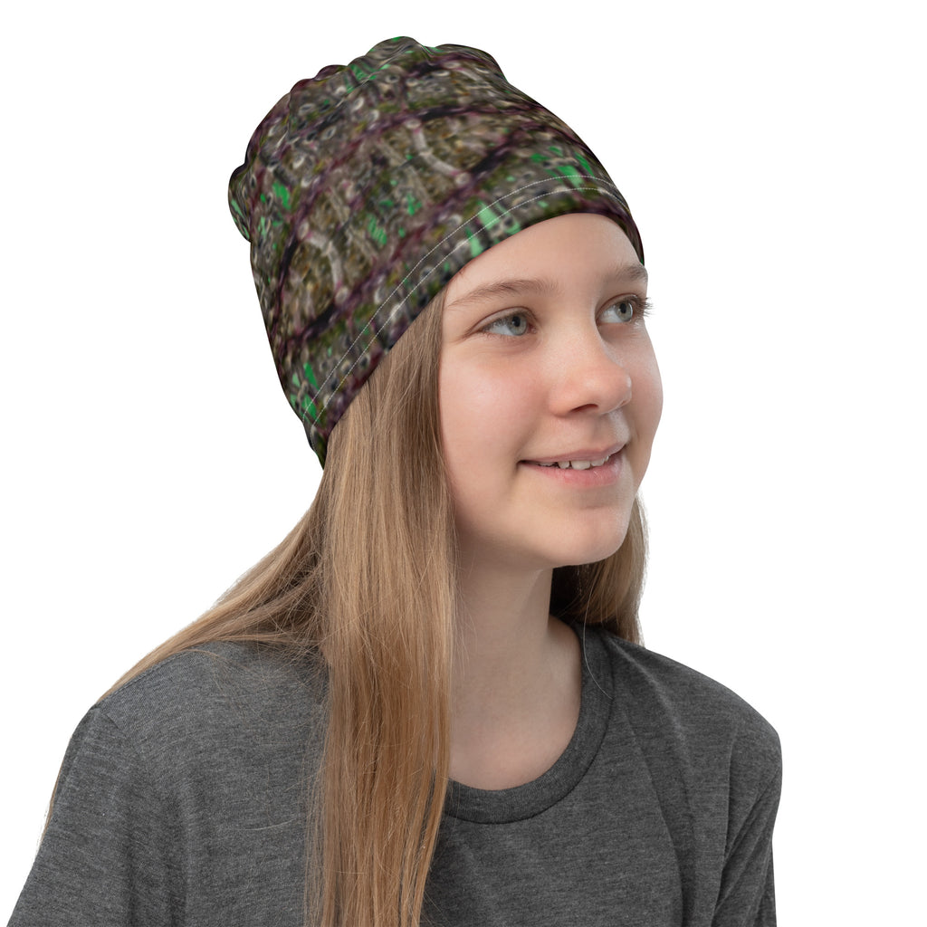 White Dripping Bud Neck Gaiter by BudWear with vibrant all-over-print design, worn around the neck, right front view.