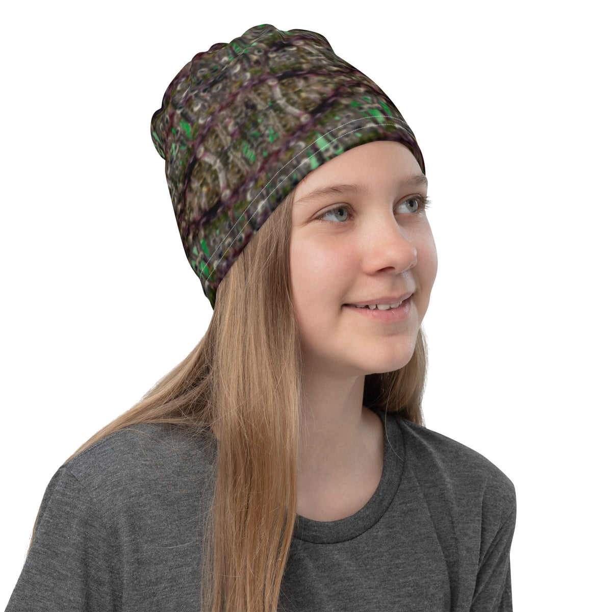 White dripping BudWear neck gaiter with all-over print, designed as a versatile direct-to-fabric face covering.