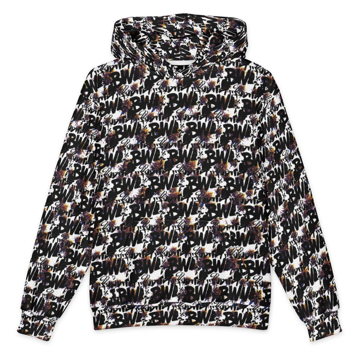 All-over-print white oversized cotton hoodie with cannabis design from BudWear, featuring bold, colorful cannabis leaf graphics.