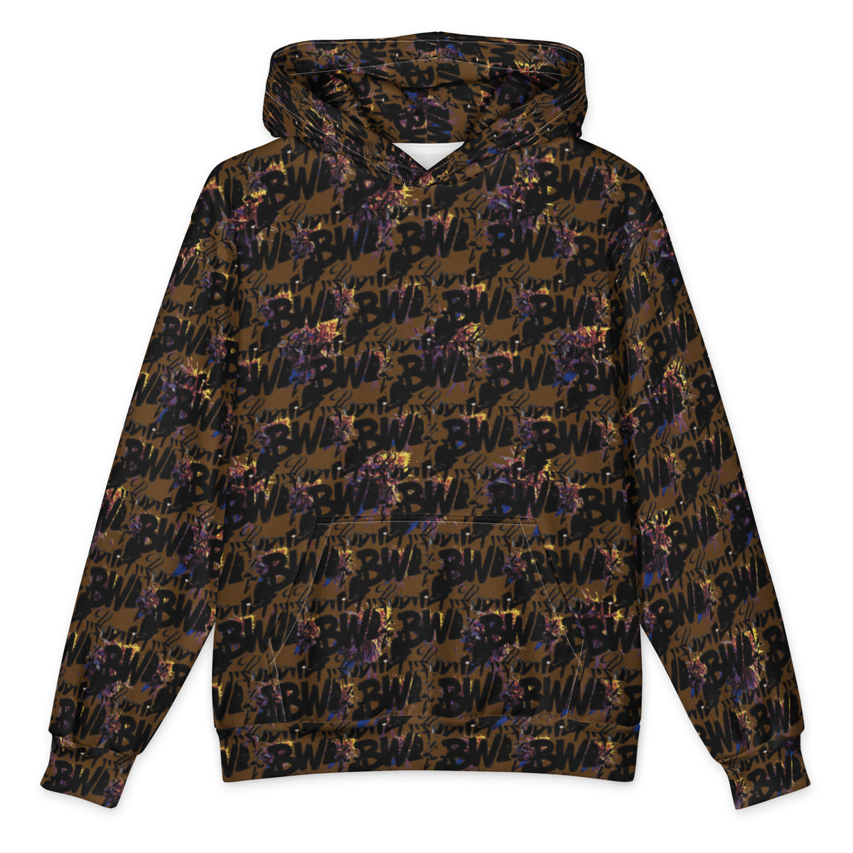 All-over white cotton oversized hoodie with Flying Bud Cannabis print from BudWear, featuring bold, colorful cannabis-themed design.