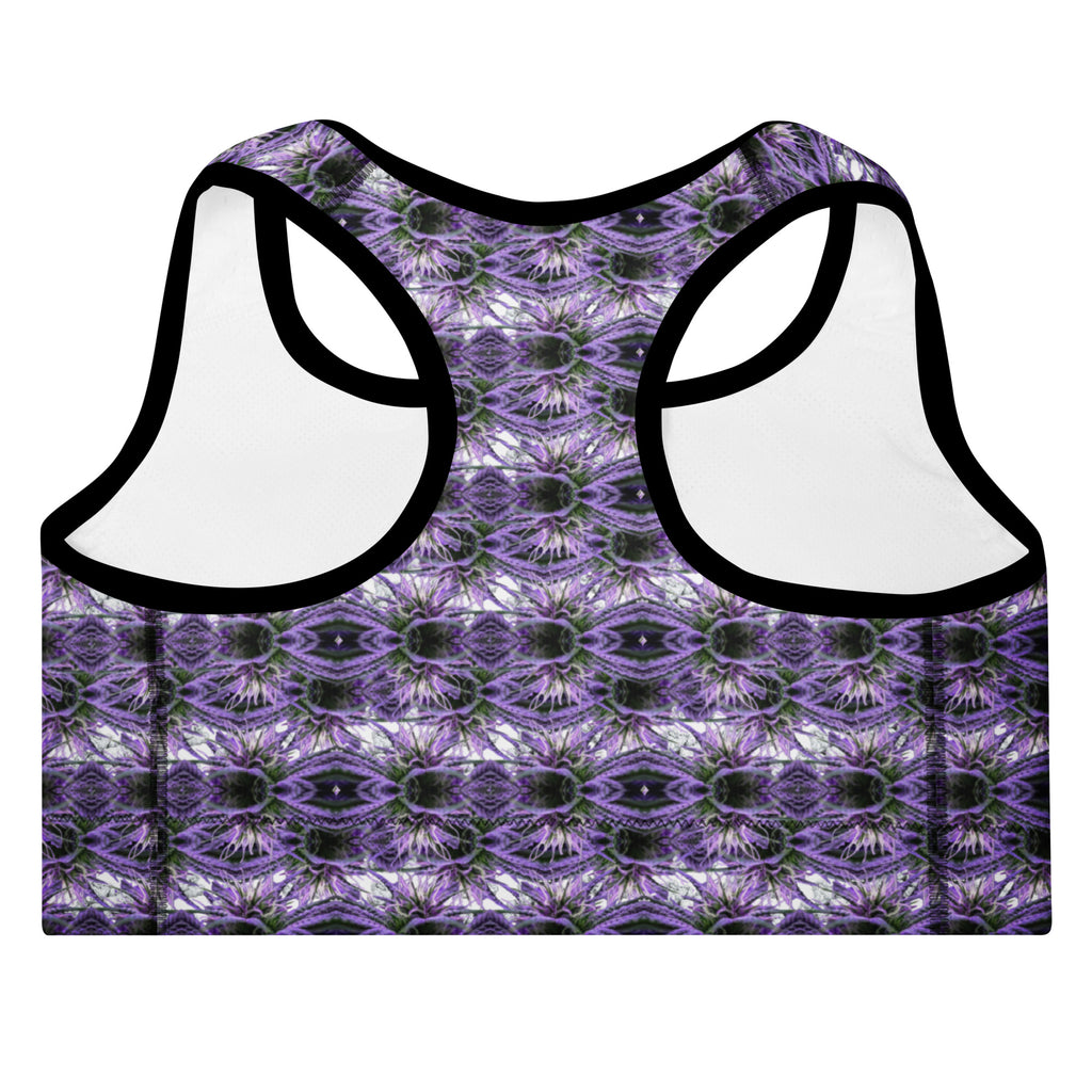 Purple Bud Sports Bra by BudWear featuring all-over print, padded design, and a sleek black back for activewear comfort.